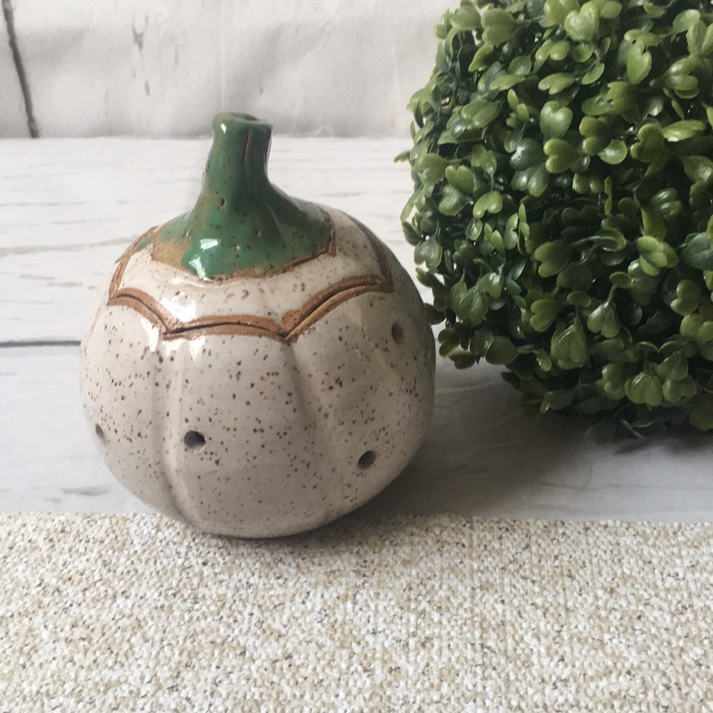 Vintage White Clay Pumpkin Candle Holder Luminary Votive Glazed Pottery Artisan